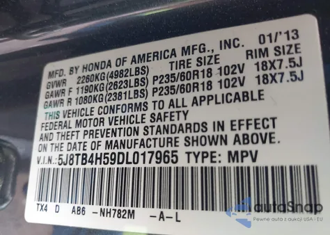 2013 Acura Rdx from USA, damaged, VIN 5J8TB4H59DL017965